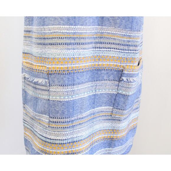 Akemi + Kin Anthropologie Striped Tweed Shift Dress Size 8 Blue Yellow Fringe - Picture 7 of 9